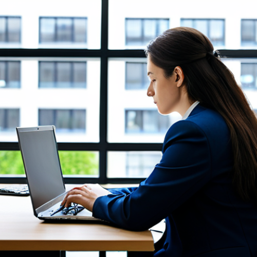 Home 8 A professional person, fully clothed in a modest business suit, sitting calmly at a tidy, modern desk in a brightly lit office. They are deeply focused on a single task on their laptop screen, with a physical Pomodoro timer visible beside them. The background shows a large window, suggesting an urban environment, but the immediate workspace conveys an atmosphere of quiet concentration and organized productivity. Perfect anatomy, correct proportions, natural pose, well-formed hands, proper finger count, natural body proportions. Safe for work, appropriate content, fully clothed, professional dress, high quality professional photography.
