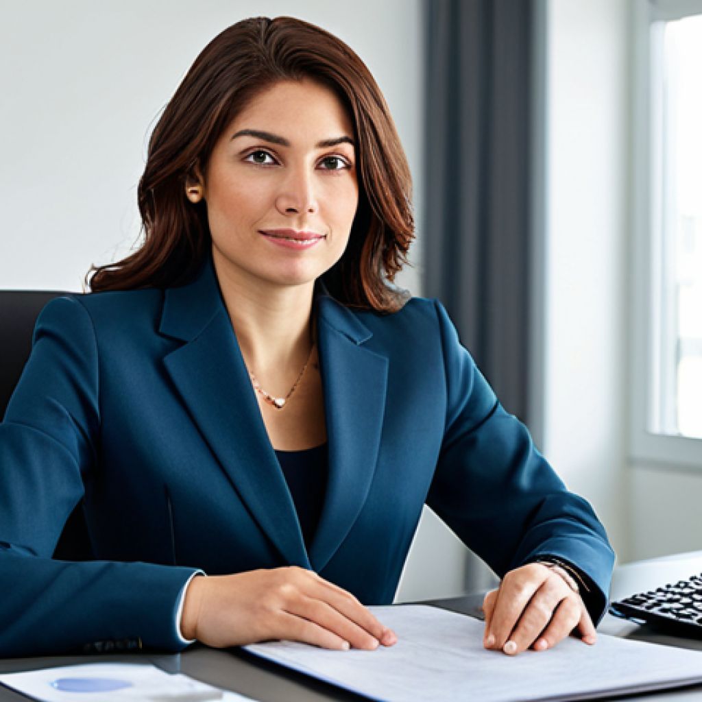 디지털 주의력 관리와 목표 달성 전략 - **Prompt:** "A professional businesswoman in a modest business suit, sitting at a desk in a modern o...