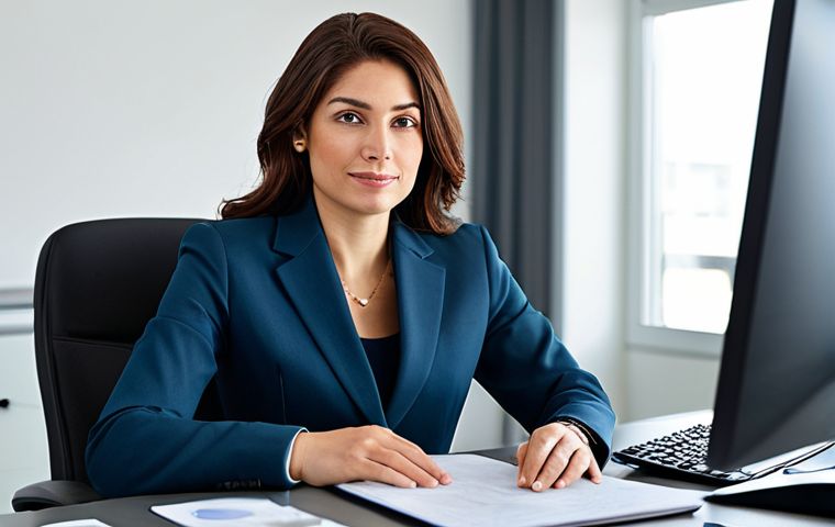 디지털 주의력 관리와 목표 달성 전략 - **Prompt:** "A professional businesswoman in a modest business suit, sitting at a desk in a modern o...