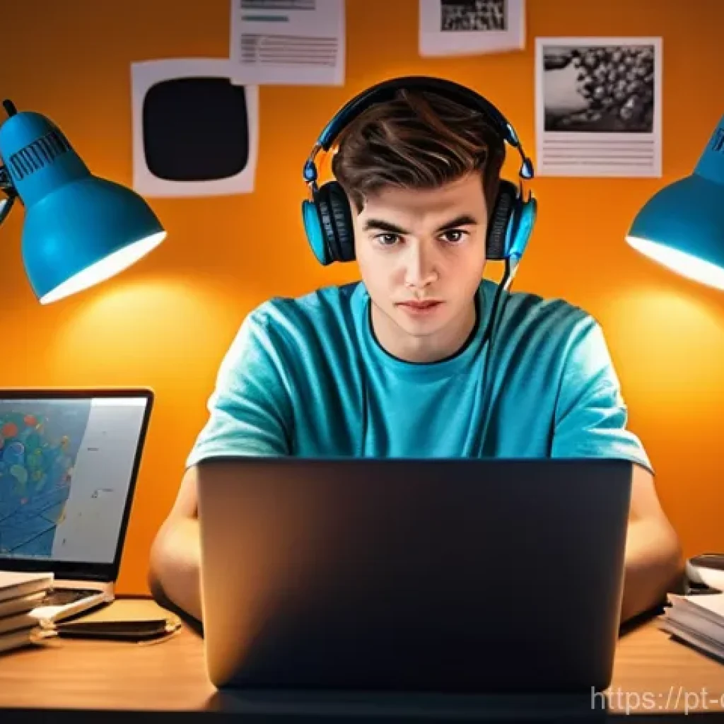 디지털 주의력 관리에서의 기술적 접근 - **Prompt:** A young adult, dressed in comfortable, modern clothing, sits at a desk in a slightly clu...