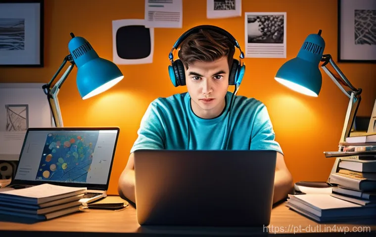 디지털 주의력 관리에서의 기술적 접근 - **Prompt:** A young adult, dressed in comfortable, modern clothing, sits at a desk in a slightly clu...