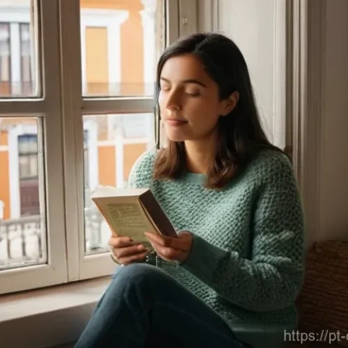 디지털 주의력 관리와 행복의 관계 - **Prompt:** A serene woman in her late 20s to early 30s, dressed in a comfortable, stylish sweater a...