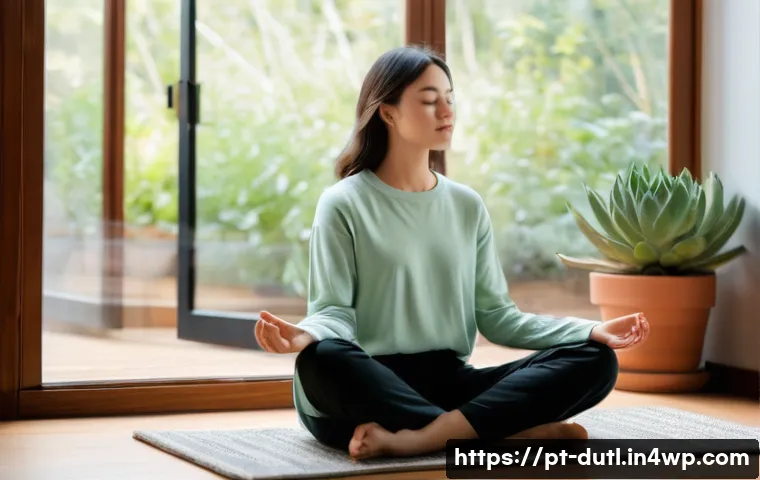 디지털 주의력 관리와 감정 조절 - **Prompt:** A serene young woman, in her early 20s, with short dark hair, is sitting cross-legged on...