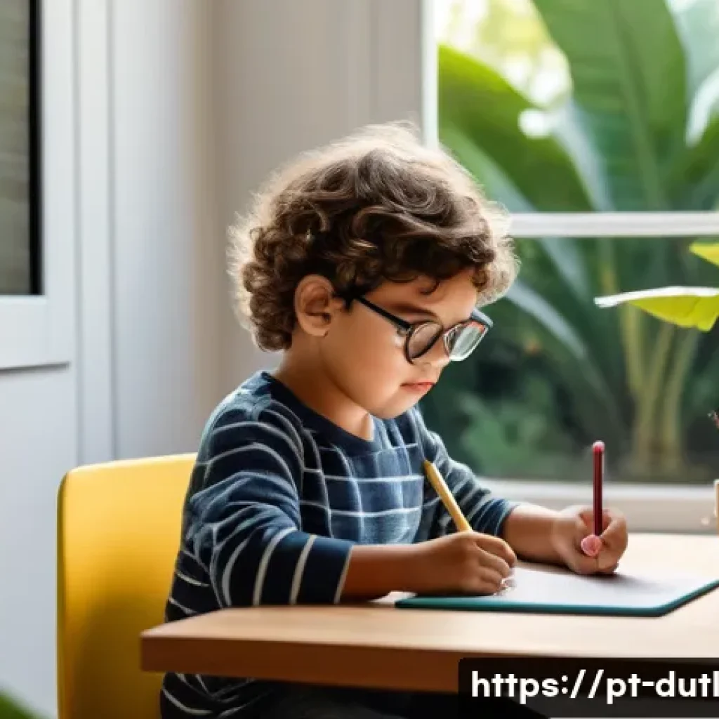 아이들 위한 디지털 주의력 관리법 - A cozy, well-lit family study corner in a modern Brazilian home, featuring a young child wearing cas...