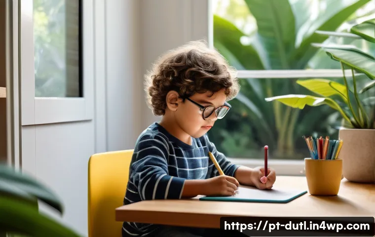 아이들 위한 디지털 주의력 관리법 - A cozy, well-lit family study corner in a modern Brazilian home, featuring a young child wearing cas...