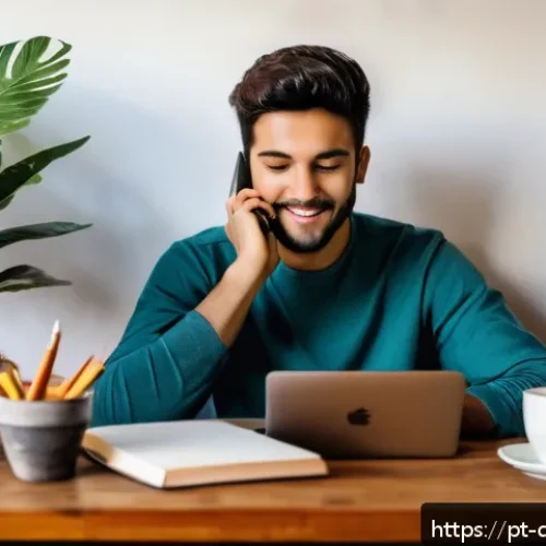 Home 30 효과적인 미디어 소비 습관 기르기 - A cozy home office scene in São Paulo, Brazil, during early morning light. A young adult wearing cas...